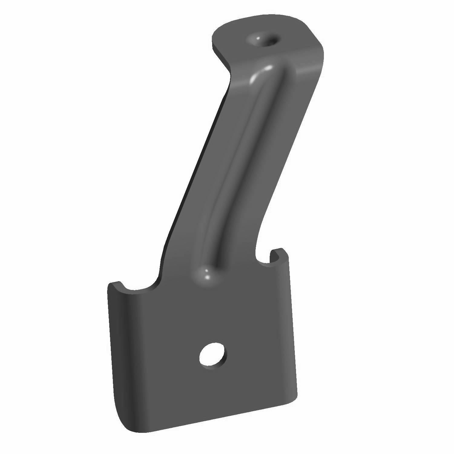 Gray metal front bumper mount bracket with angular bent design and two mounting holes.