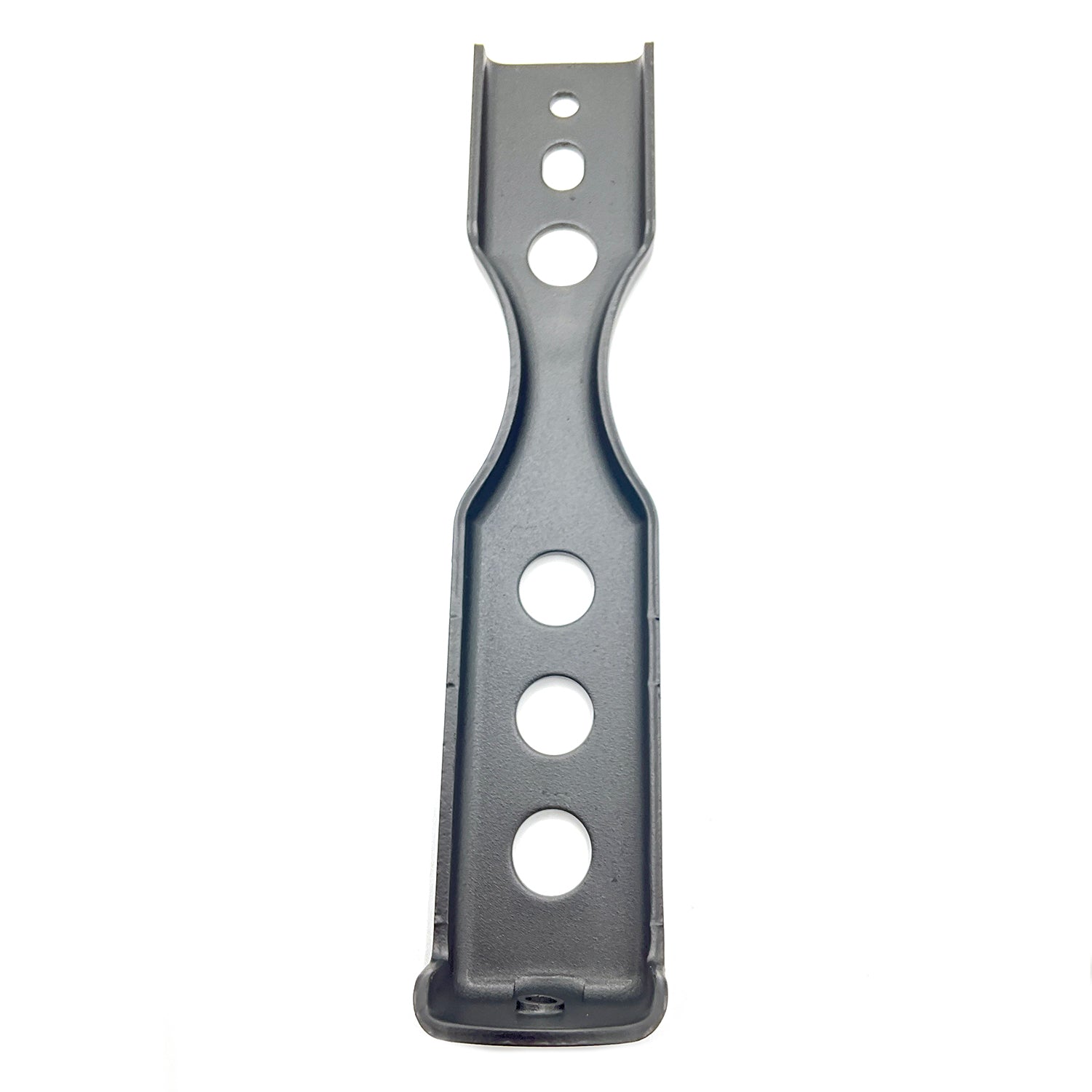 Black metal rear upper bumper bracket with multiple circular holes and mounting points.