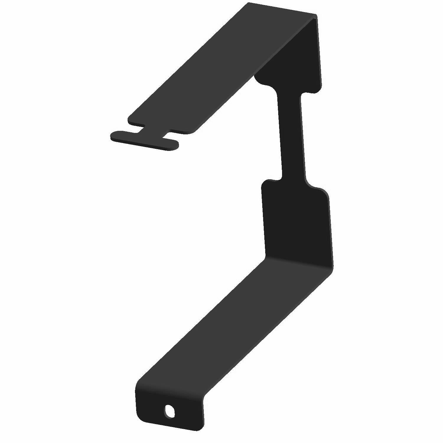 Black galvanized steel battery strap bracket with angled design and mounting holes.