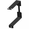 Black galvanized steel battery strap bracket with angled design and mounting holes.