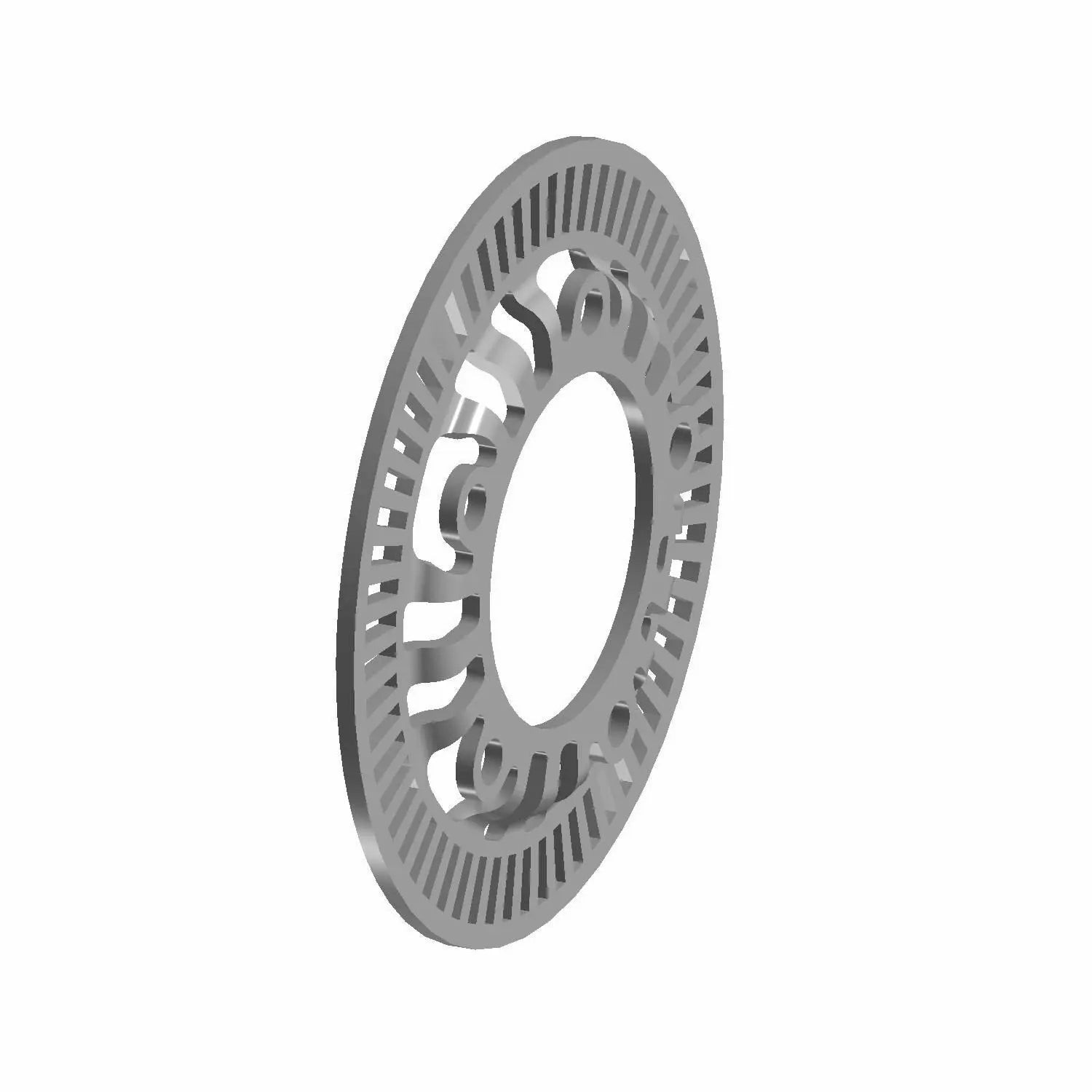 The ABS Ring by Polaris is a 3D-rendered metal disc with radial slots, cutouts, and a large central hole, featuring a gear-like pattern—ideal for OEM Victory Polaris motorcycles or custom builds from Witchdoctors. Shown on a white background.