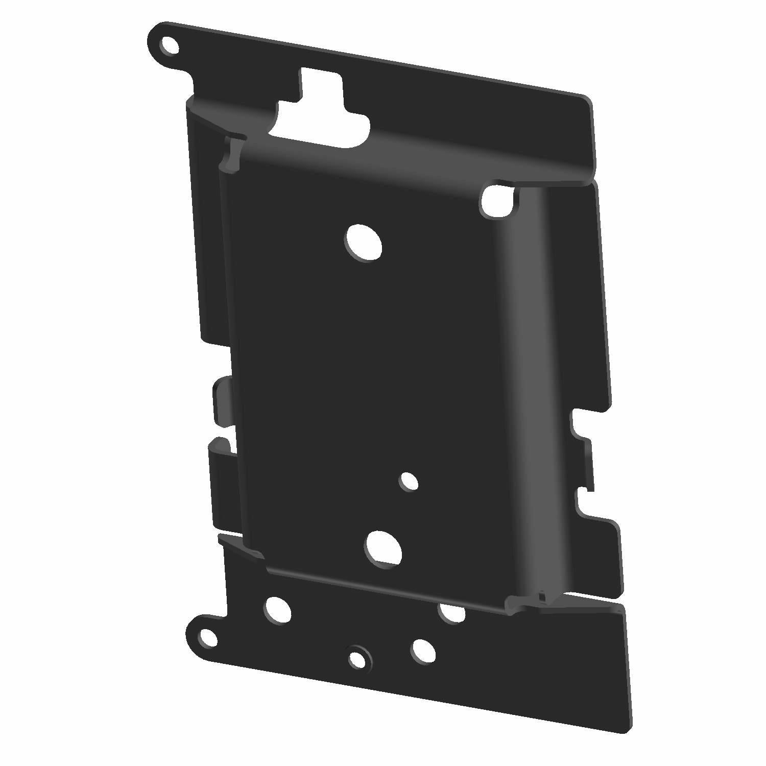 Black metal battery tray bracket with multiple mounting holes and a bent edge for secure fitment.
