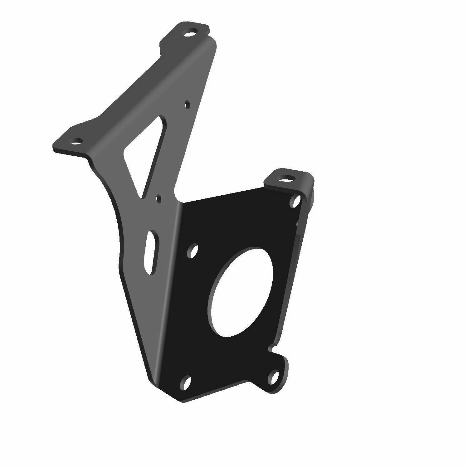 Black metal power steering bracket with multiple mounting holes and a large circular cutout.