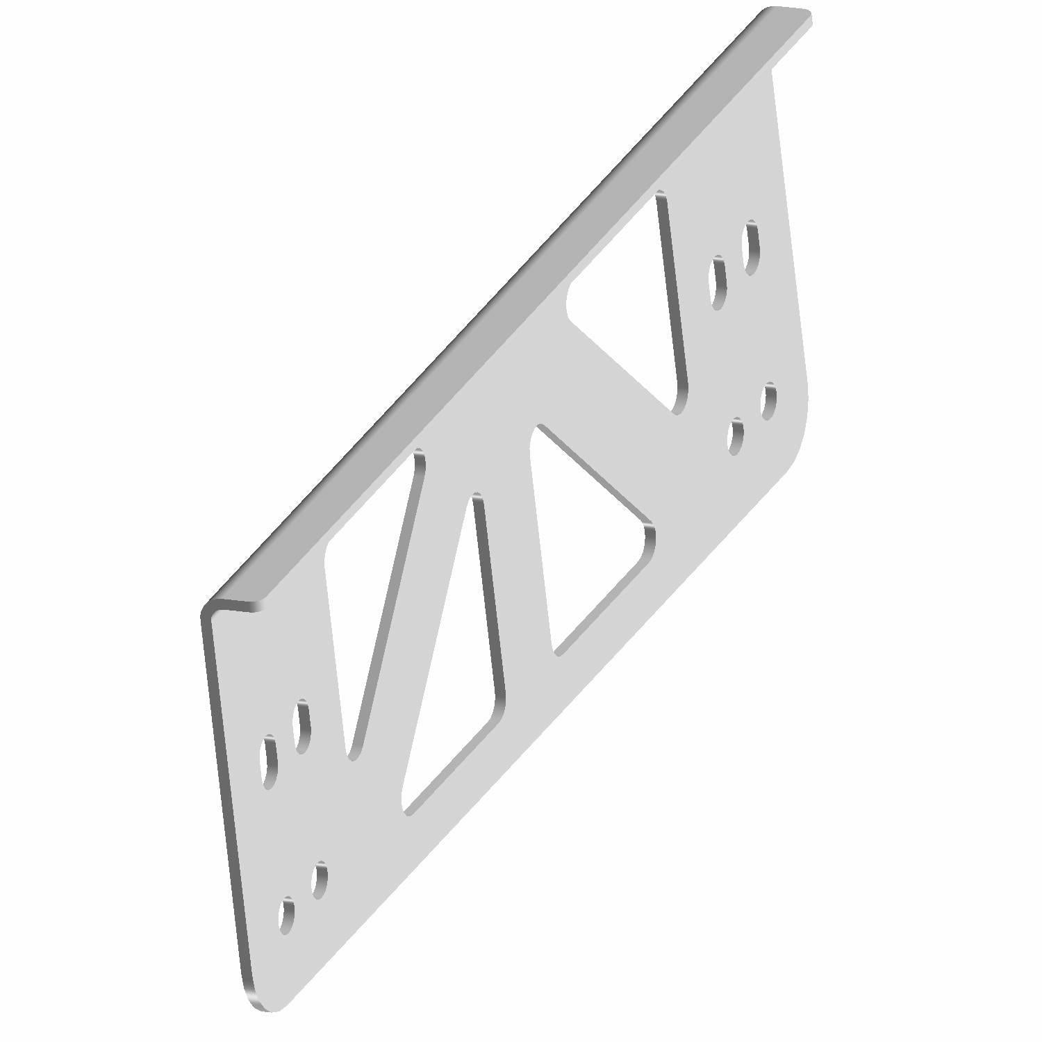 Black metal hinge bracket support with triangular cutouts and multiple mounting holes.