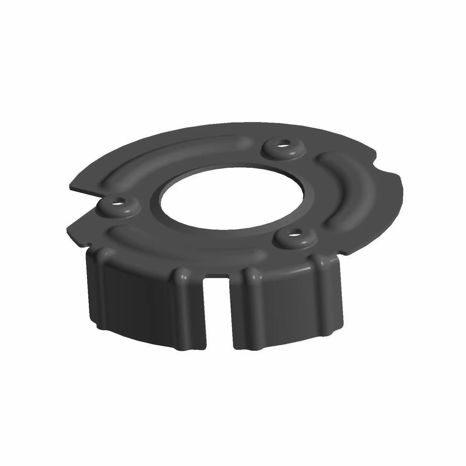 Matte black circular metal clutch gear shield with a segmented cutout and raised detailing.