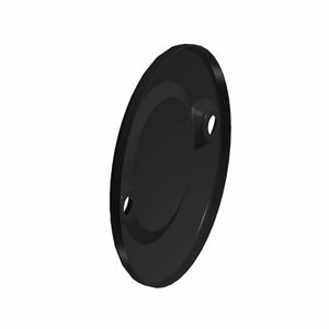 Glossy black round derby cover badge with two mounting holes and smooth surface.