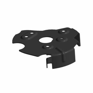 Black metal shield with curved edges and multiple mounting holes for oil pump protection.