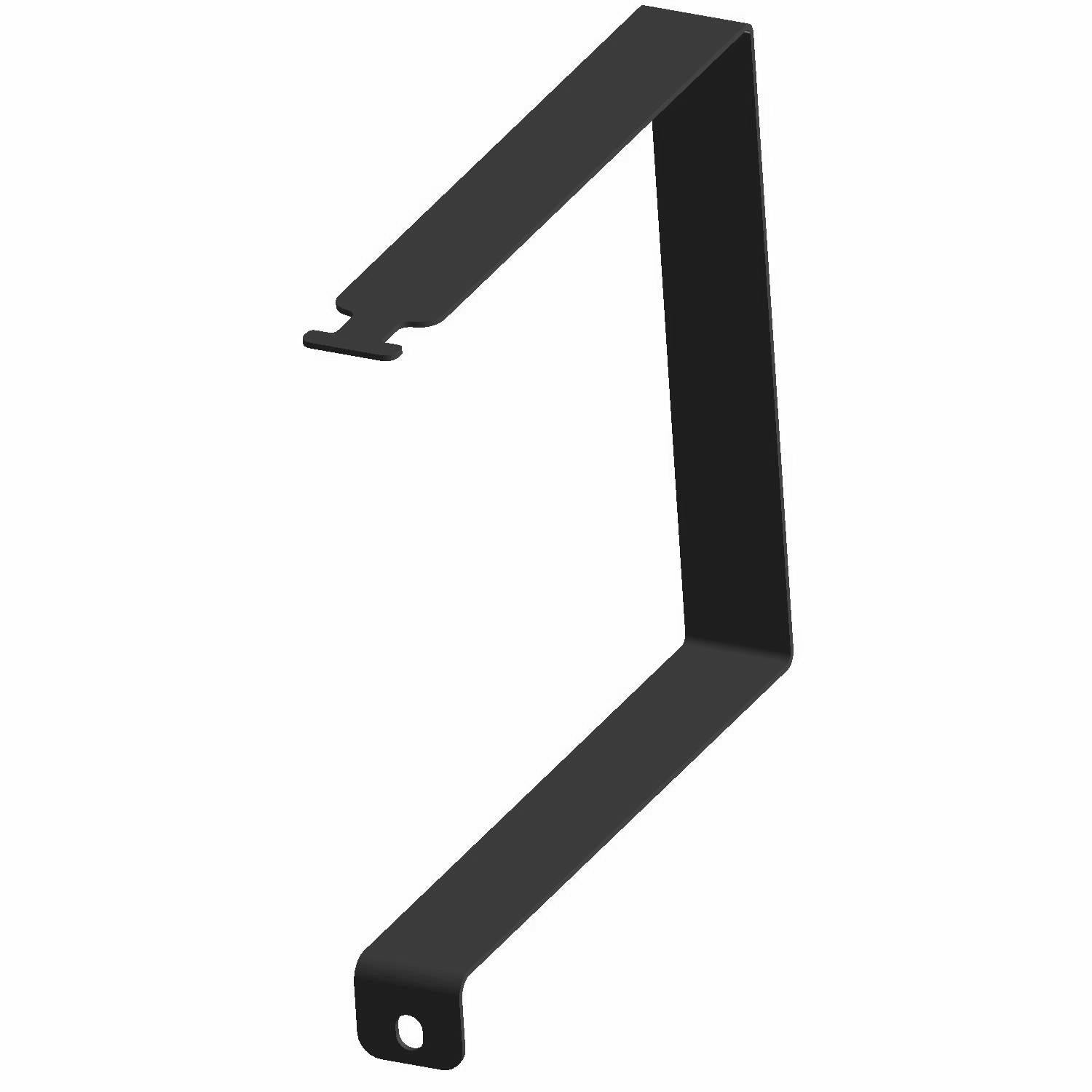 Black galvanized metal battery strap bracket with angled design and mounting holes.