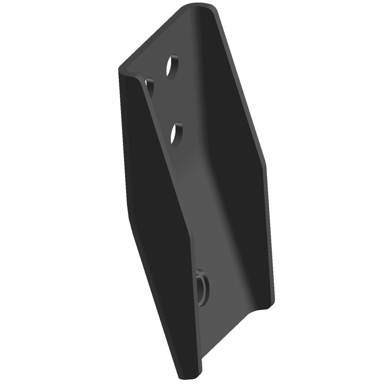 Matte black angular metal bumper mount bracket with multiple mounting holes.
