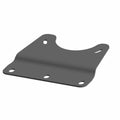 Matte black metal rear motor mount bracket with multiple bolt holes and curved edges.