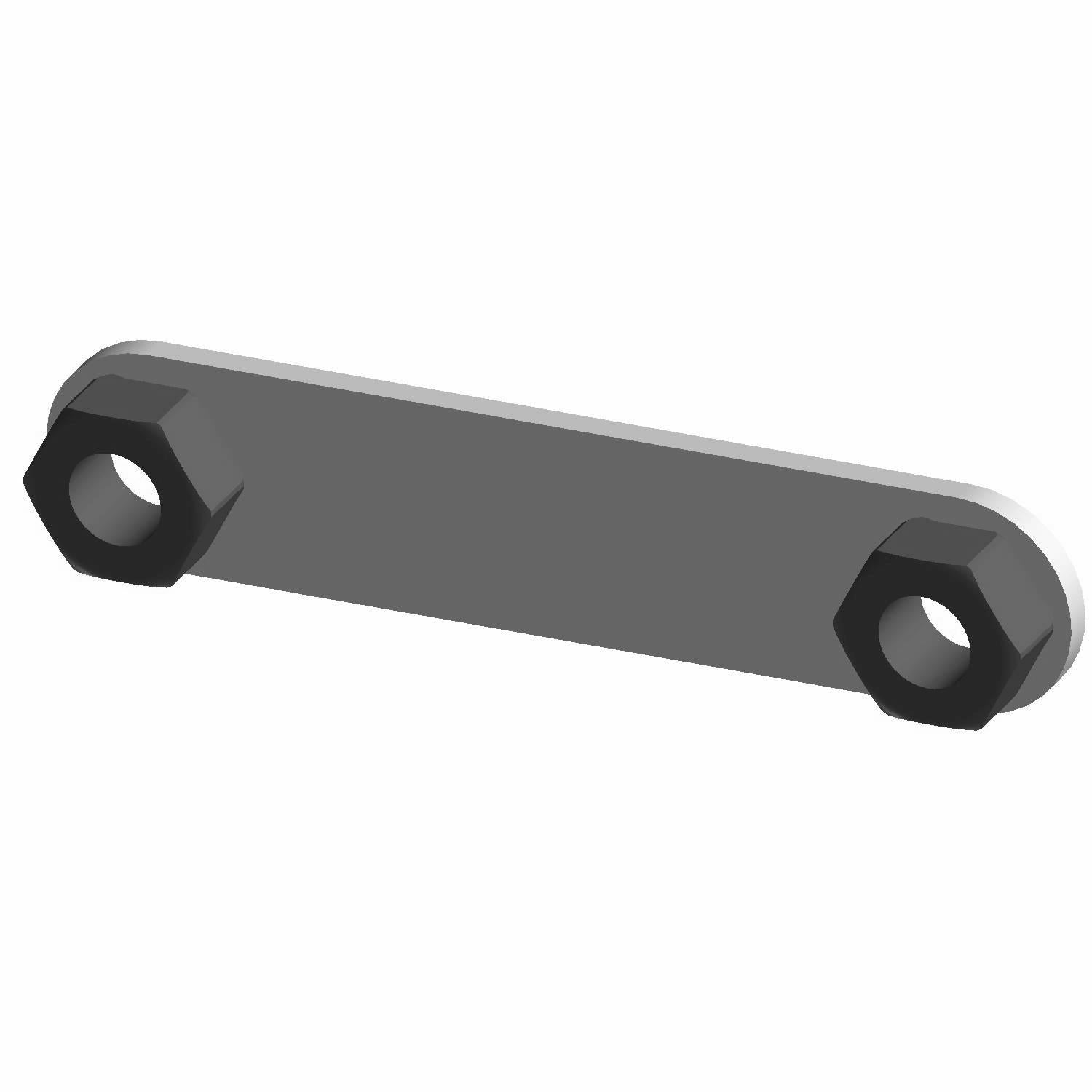 Black rectangular metal weldment plate with two hexagonal bolt holes on each end.