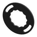 Black metal lock washer with a star-shaped inner cutout and two elongated slots on each side.
