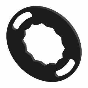 Black metal lock washer with a star-shaped inner cutout and two elongated slots on each side.