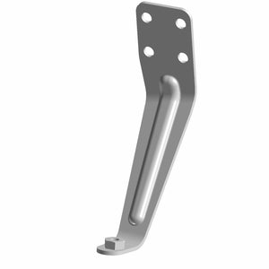 The Trunk Hinge Bracket, Lower Left by Polaris is a 3D-rendered metal part with a reinforced angled arm, four round holes on the top plate, and a smaller square lower tab designed for mounting on Indian motorcycles.