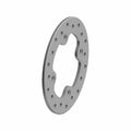 Silver-gray circular metal brake disc with multiple small holes and a unique irregular central cutout.