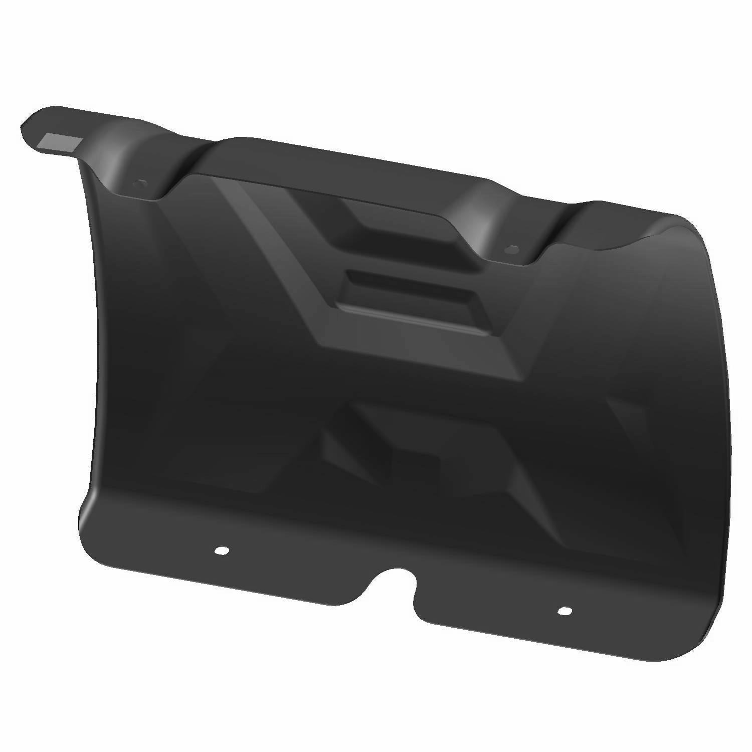 Matte black durable plastic skid plate with contoured design and mounting holes.