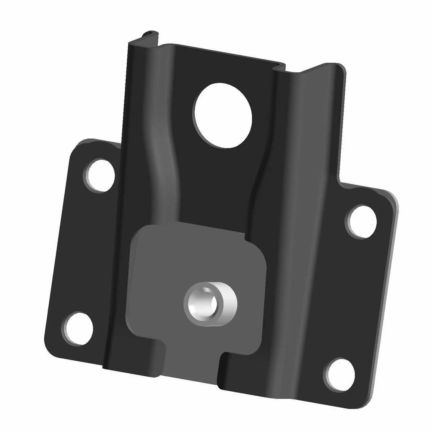 Black metal rear tank mount bracket with four mounting holes and a central circular cutout.