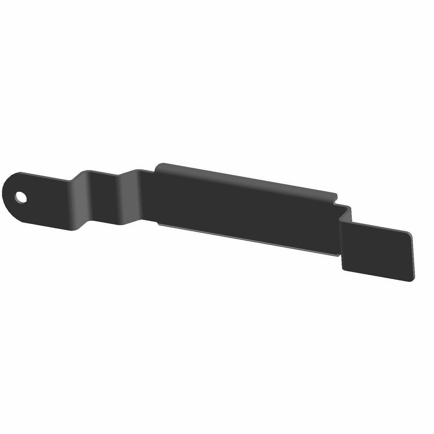 Black metal battery strap with angled bends and mounting hole on one end, flat tab on the other end.