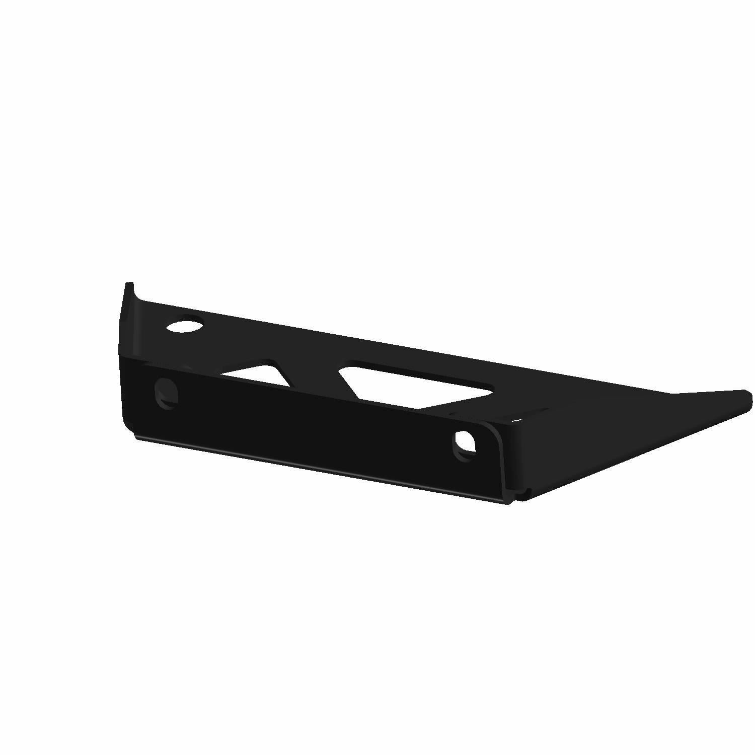 Black metal battery support bracket with angled design and mounting holes.