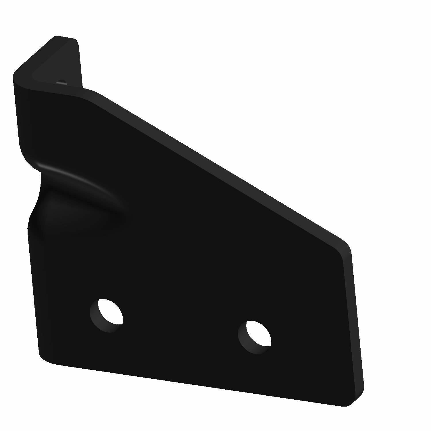Black metal door latch mount bracket with two circular mounting holes and angled design.
