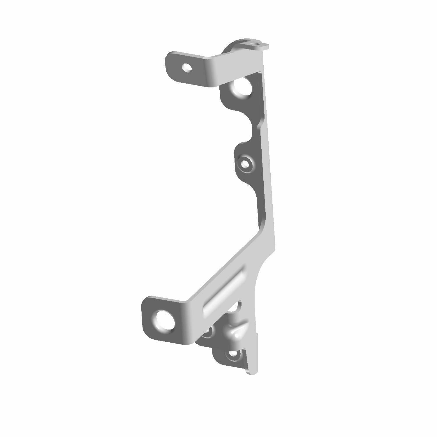Silver metal radiator mount bracket with multiple attachment points and cutout holes.