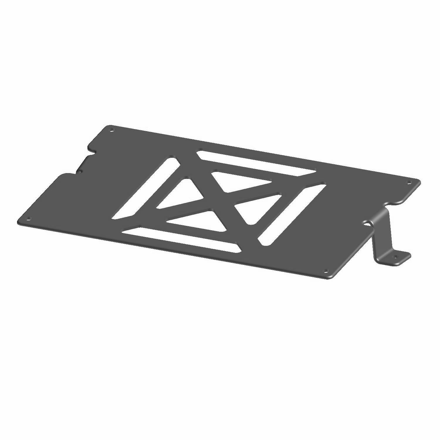 Matte black front license plate bracket with angular cutouts and mounting hook for UTVs.