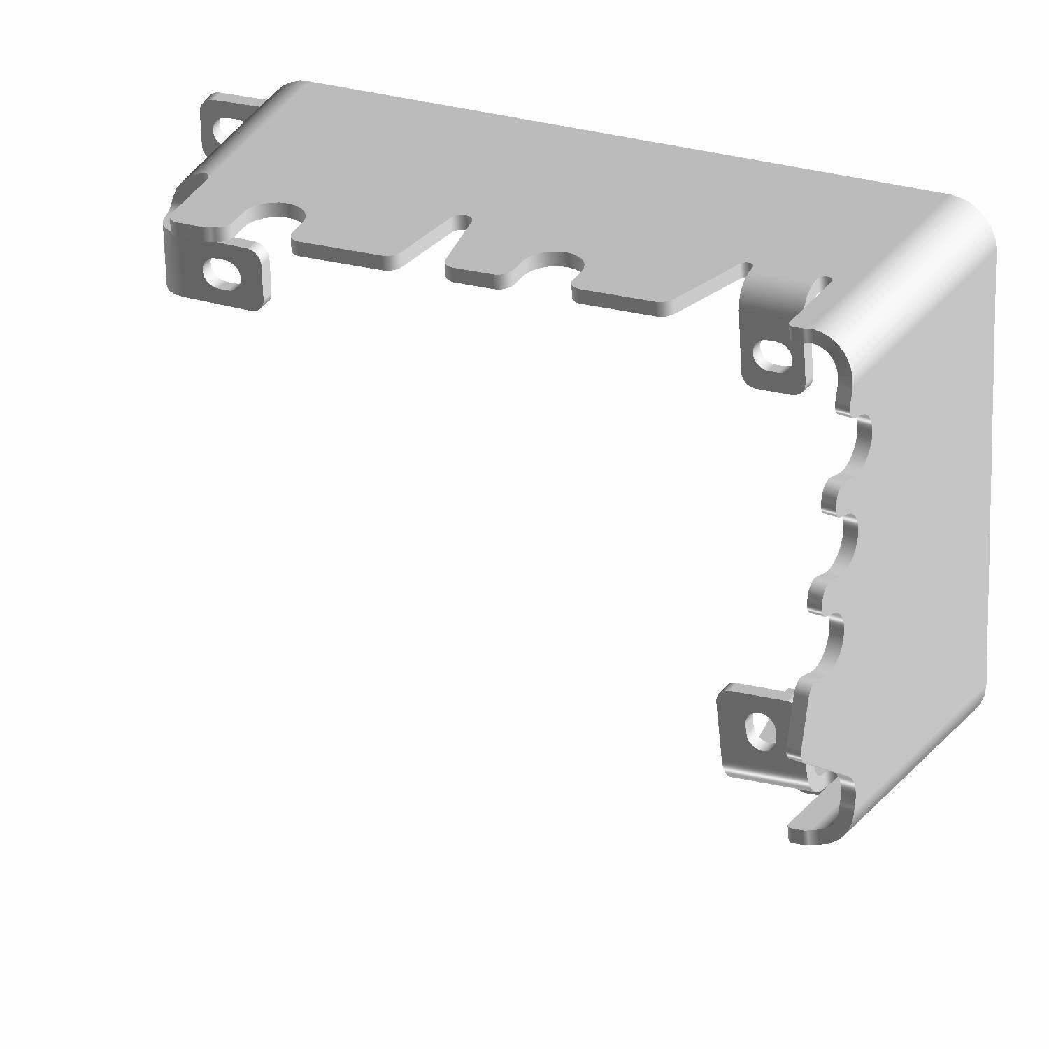 Silver metal L-shaped oil baffle with stamped notches and mounting holes.