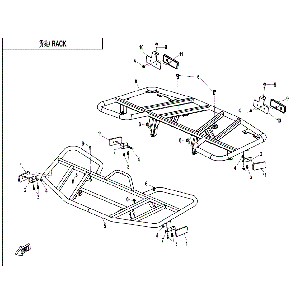 An Image of a genuine CFMOTO Parts Schematic Diagram showing the group - RACK (STEEL) - 2022 CFMOTO CFORCE 500 S