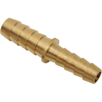 The Helix Hose Splicer In-Line Reducer 3/8 to 5/16 features a brass, cylindrical design with ridges for secure hose attachment, ideal for connecting flexible tubing in fuel or air lines.
