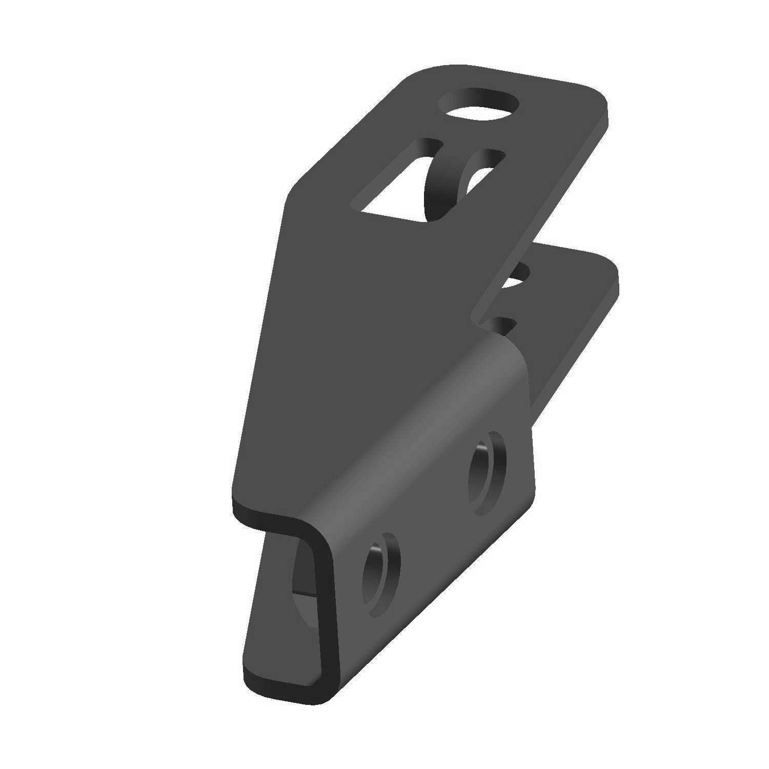 Black metal seat support bracket with multiple mounting holes and angled design.