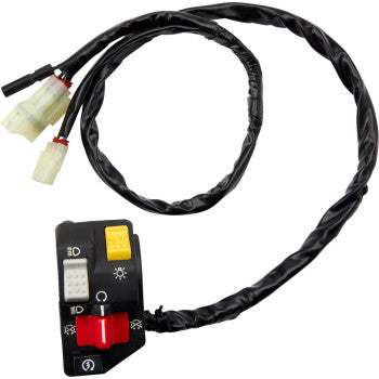 The Honda Switch Block Assembly by Moose Offroad features a black handlebar switch with red, yellow, and white buttons on a long black cable ending in two white electrical connectors—perfect as a replacement handlebar block.