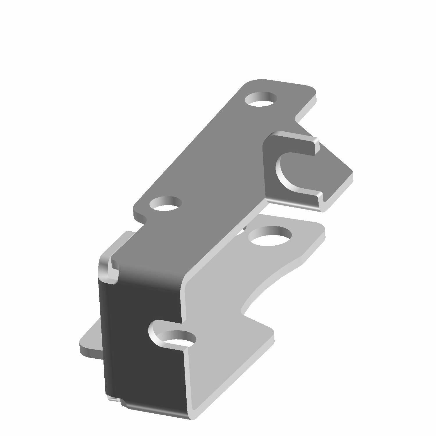 Black metal parking brake and shift cable bracket with multiple mounting holes and angled design.