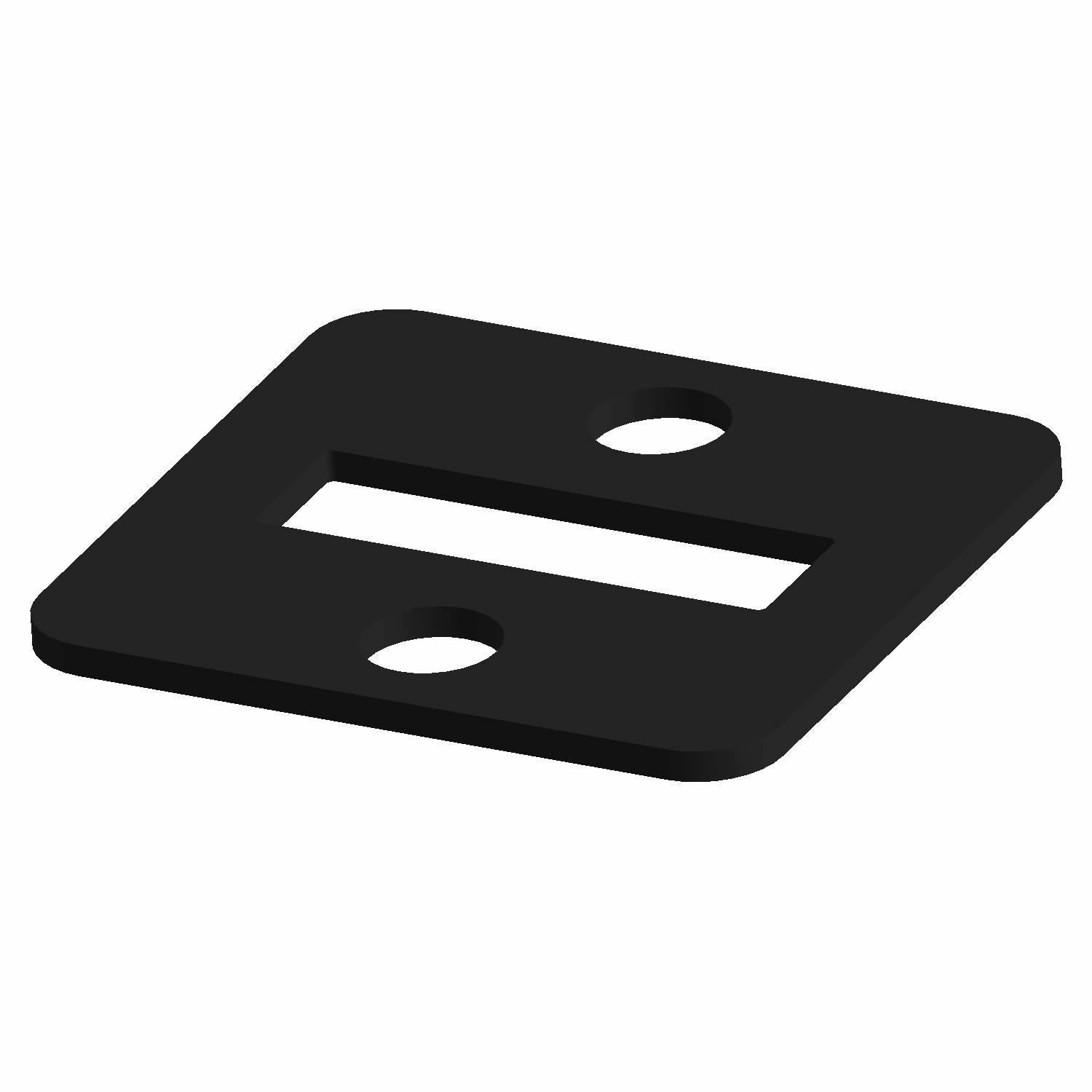 Black rectangular metal indicator mount bracket with two circular holes and a horizontal slot.