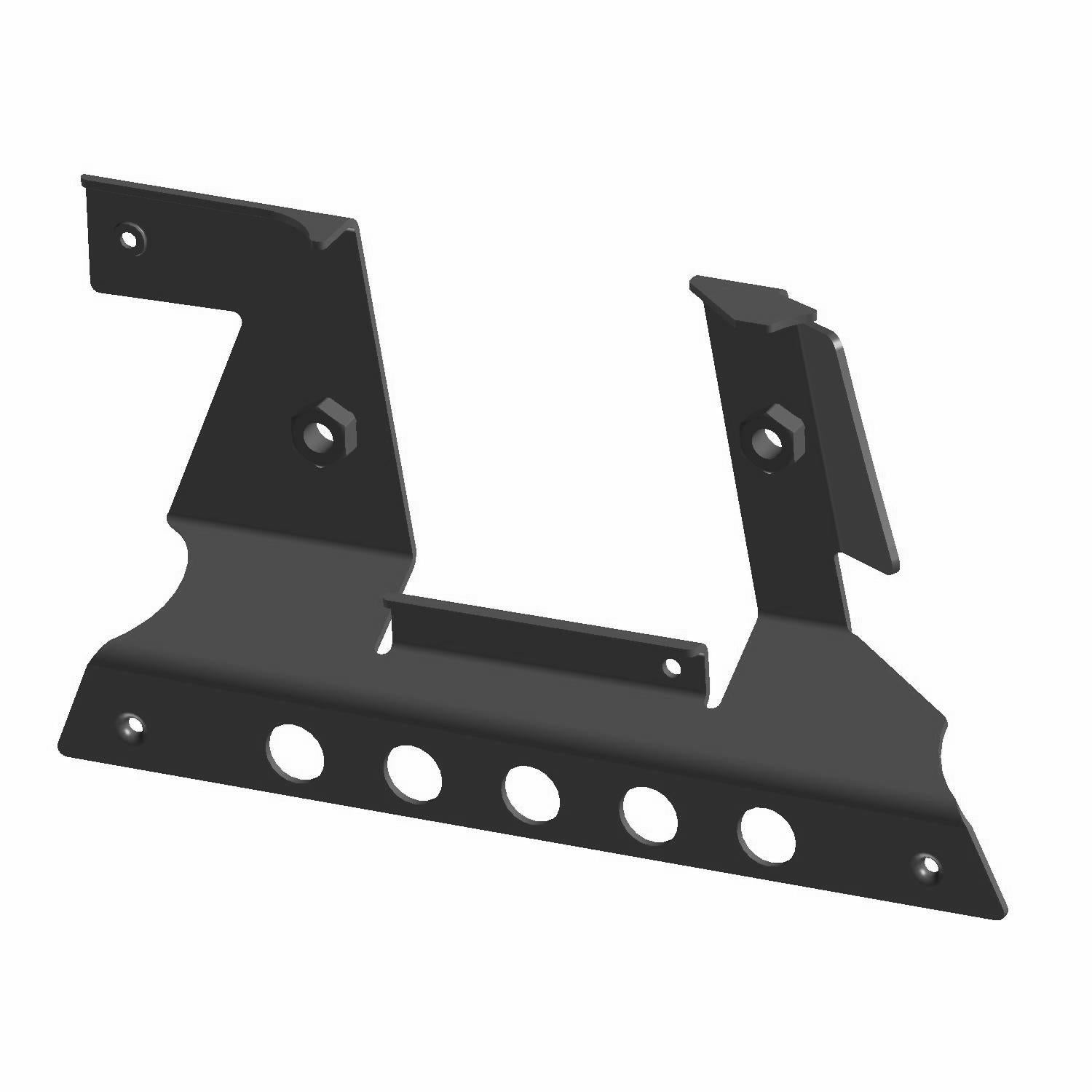 Black metal mid prop mount bracket with multiple circular holes and angled mounting points.