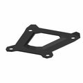Matte black triangular metal radius arm brace with four mounting holes.