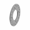 Round silver metal brake rotor with multiple evenly spaced holes and a central circular opening.