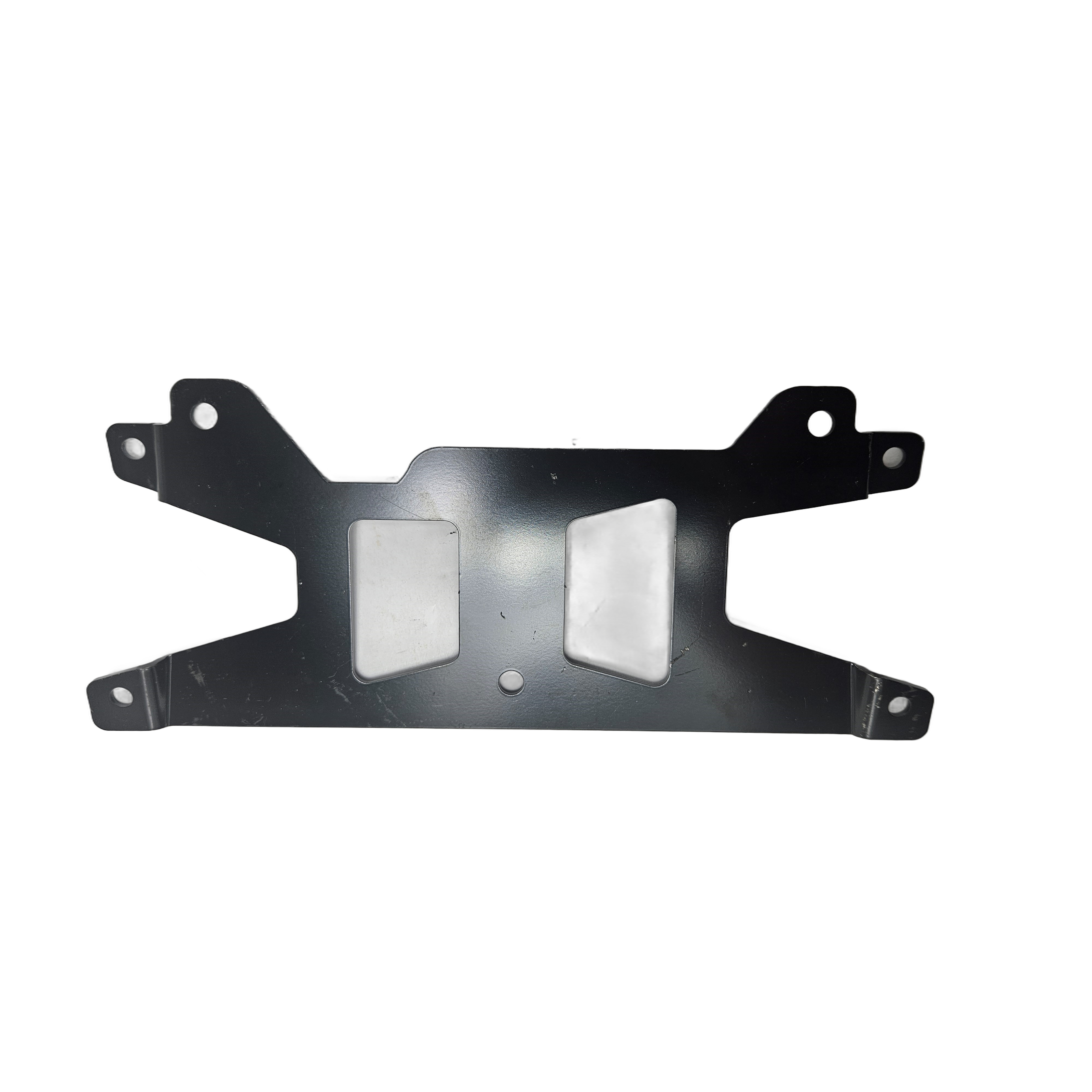 Black metal display bracket with mounting holes and rectangular cutouts, 7-inch width.