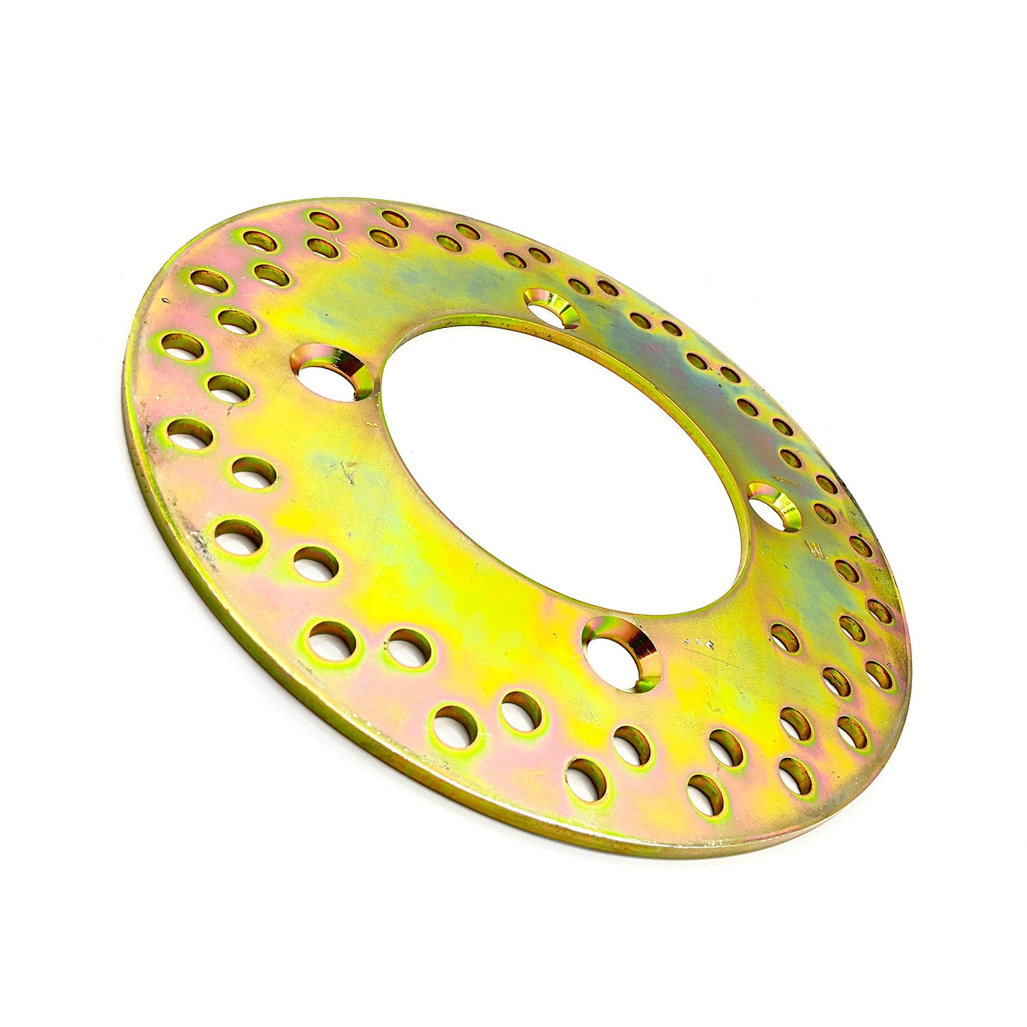 Round yellow-gold metal brake rotor with perforated holes and three mounting points.