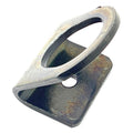 Rustic metal tie down bracket with triangular loop and square base plate with central hole.