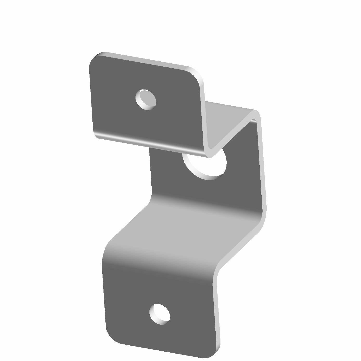 Silver metal radiator mount bracket with three mounting holes and angled design.