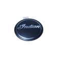 The Horn Cover Badge Black by Polaris is a round, shiny black metal badge featuring “Indian” in cursive white script and a small silver tab at the top—ideal for Indian motorcycle OEM parts, shown on a white background.