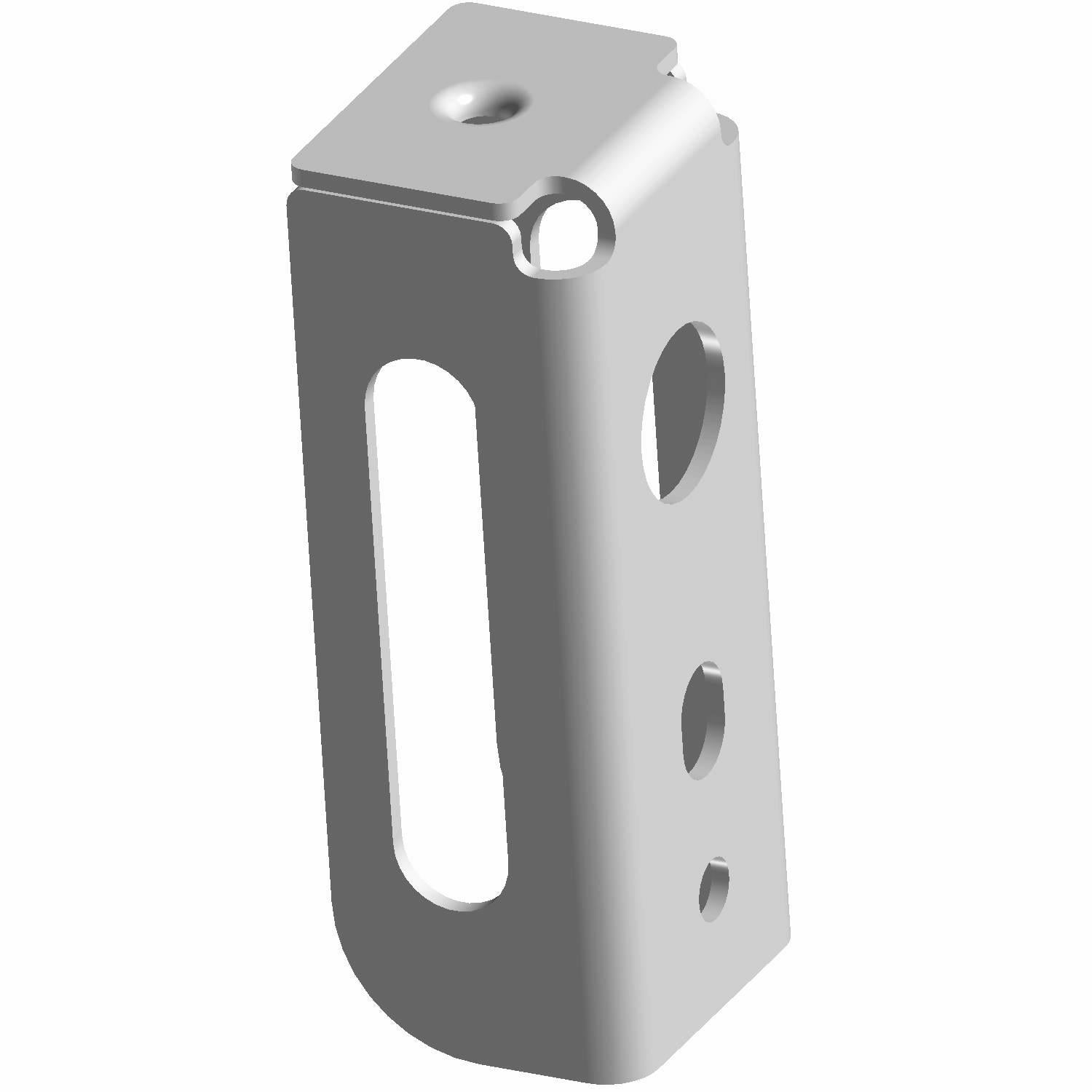 Silver metal front fascia mount bracket with multiple mounting holes and a vertical elongated slot.