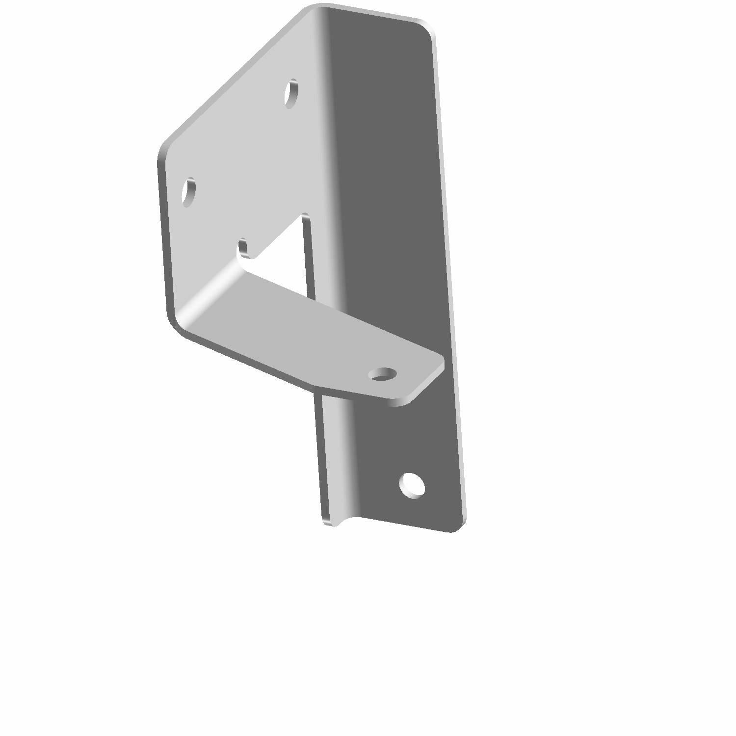 Gray metal L-shaped bracket with multiple mounting holes and rounded edges.