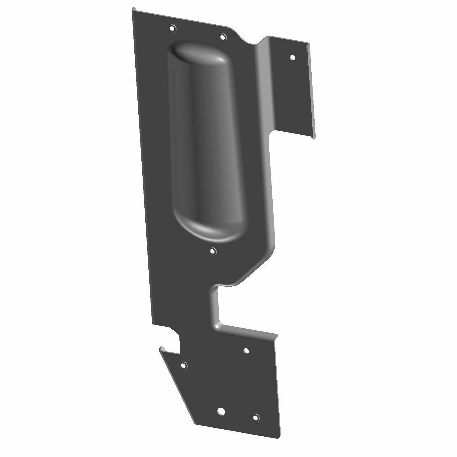 Matte black metal canister mount bracket with multiple screw holes and a molded cylindrical section for secure attachment.
