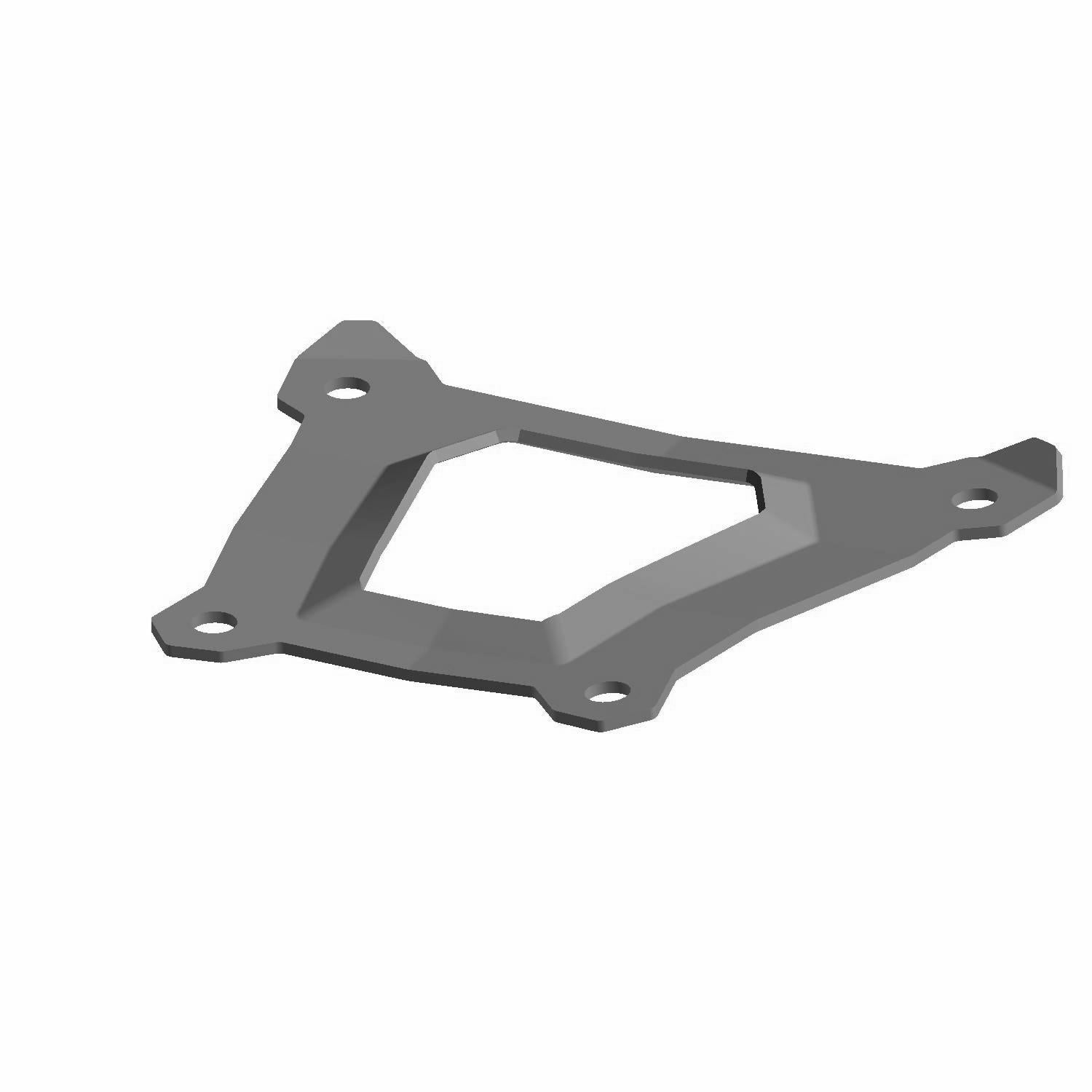 Matte black metal rear bolt-in radius arm brace with four mounting holes and angular cutout design.