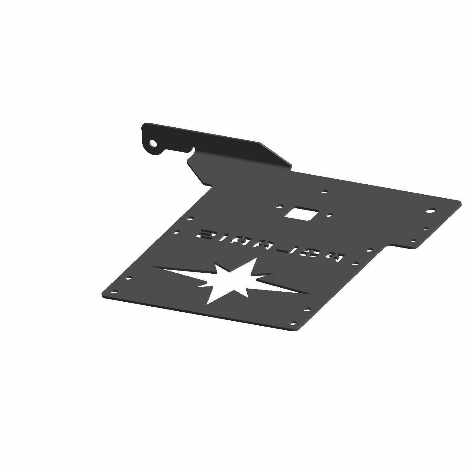Matte black metal license plate bracket with angled mounting tab and star cutout design.