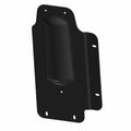 Black powder-coated metal canister mount bracket with curved holder and multiple mounting holes.