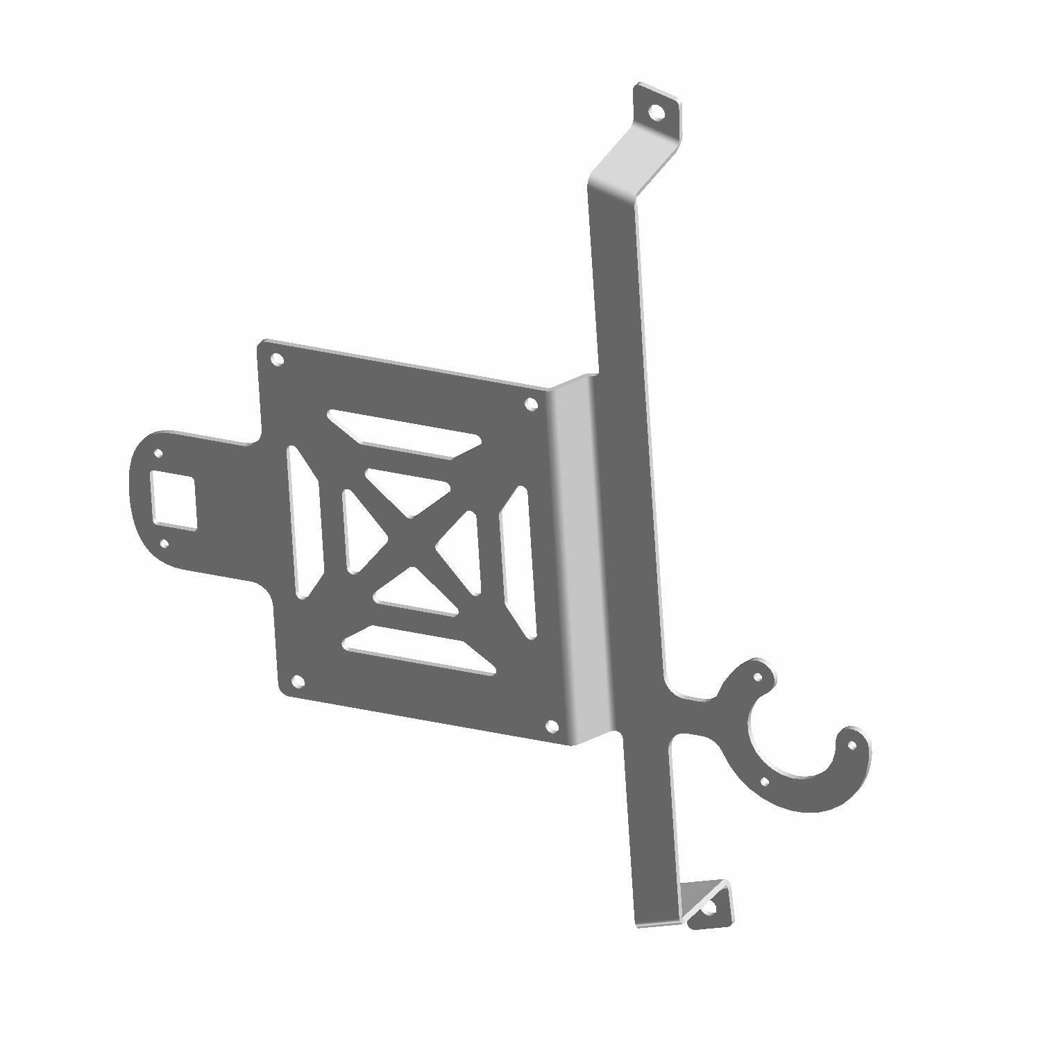 Black metal license plate bracket with angled support arm and mounting holes, designed for Polaris vehicles.