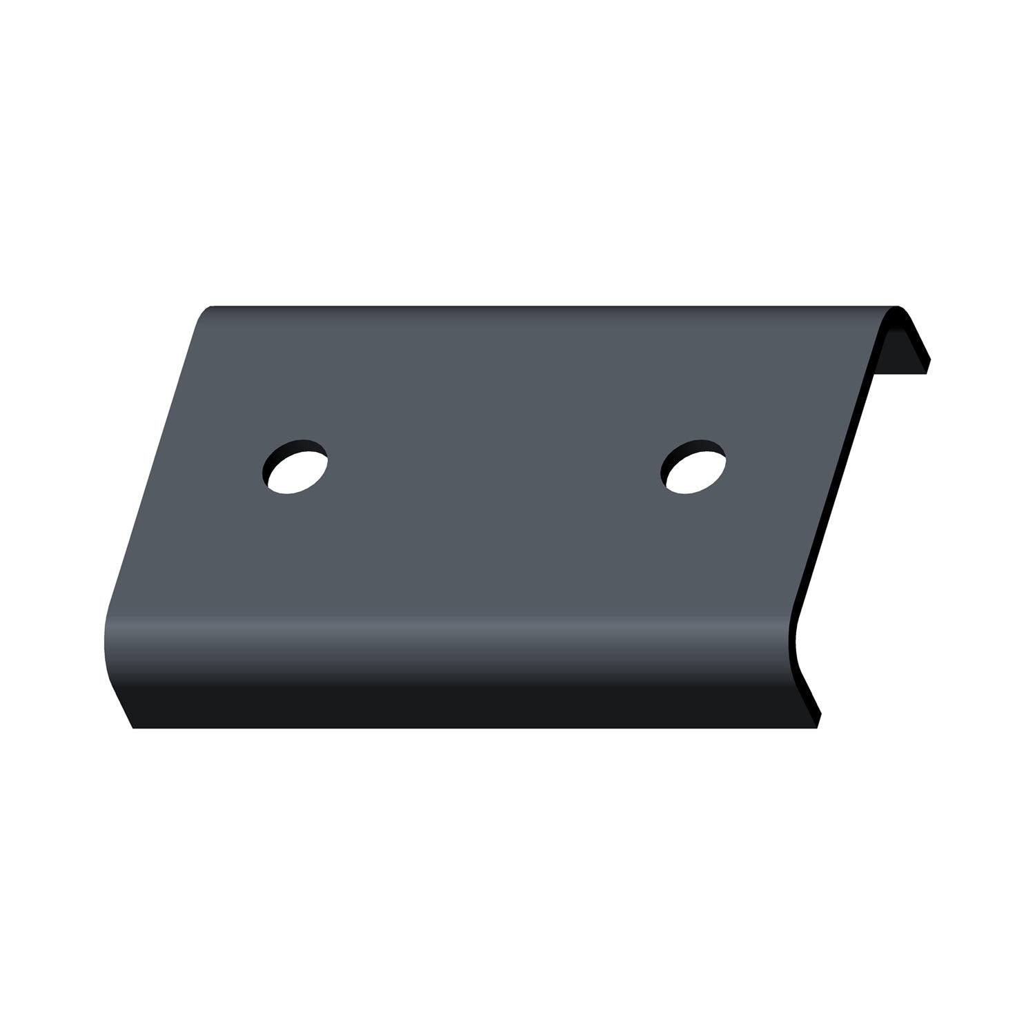 Black metal mounting bracket with two circular holes and bent edges.