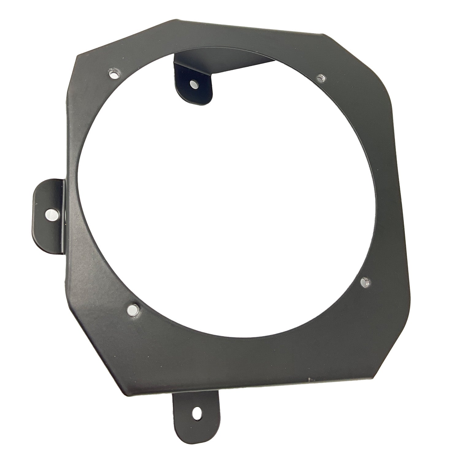 Black metal roof speaker bracket with circular cutout and mounting tabs.